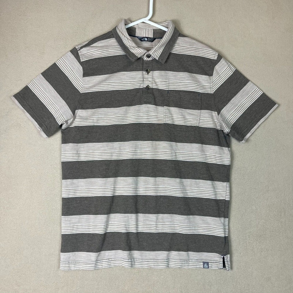The North Face Polo Shirt Adult Mens Large Brown/Cream Striped Outdoor Pocket